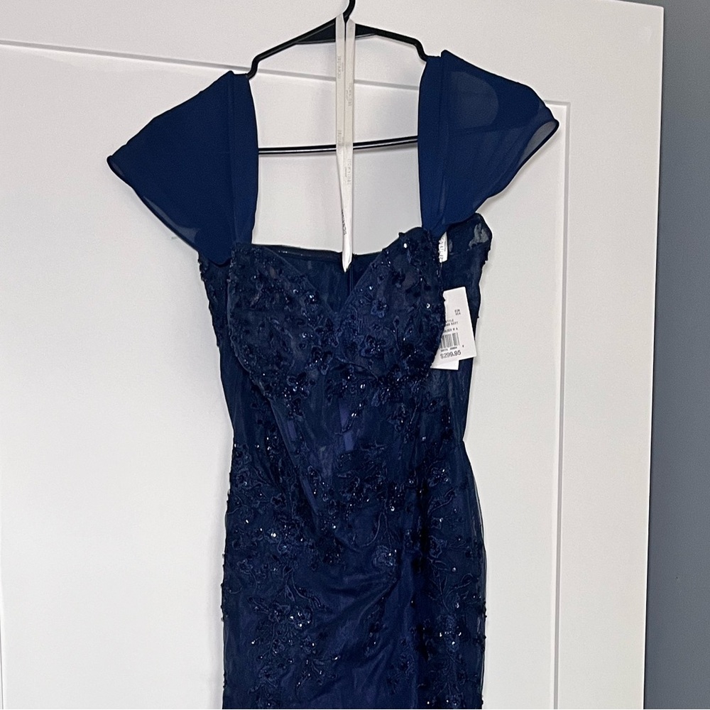 David's Bridal Navy Embellished Prom Dress Off The Shoulder